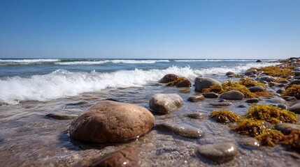 A low angle view of waves gently washing over smooth pebbles and seaweed on a rocky beach under a clear blue sky