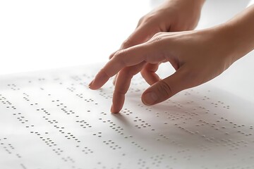 Close up of hands reading braille on white paper isolated on white background