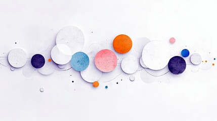 A collection of textured circles in white, blue, pink, orange, and purple are arranged horizontally on a white background, creating an abstract composition.