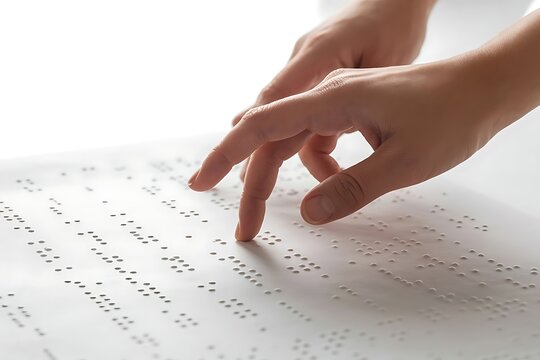 Close up of hands reading braille on white paper isolated on white background