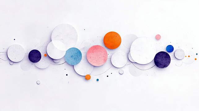 A collection of textured circles in white, blue, pink, orange, and purple are arranged horizontally on a white background, creating an abstract composition.