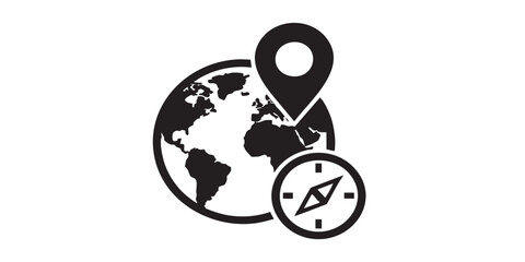 Place at planet thin line icon, traveler survey concept. Vector graphics. World globe with location pin, traveling sign on white background, style icon mobile or web design