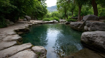 A serene natural spring with clear turquoise water surrounded by lush greenery and rocks