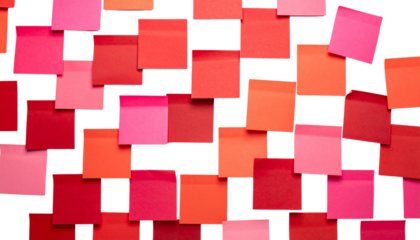 Red and white geometric pattern background with colorful sticky notes and paper elements for a digital business concept isolated on white background