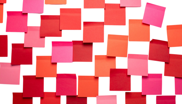 Red and white geometric pattern background with colorful sticky notes and paper elements for a digital business concept isolated on white background