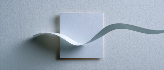 Minimalist abstract composition with a white textured square and a flowing curved paper strip casting soft shadows on a light surface