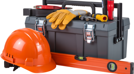 Orange hard hat leather work gloves toolbox with tools and spirit level transparent background
