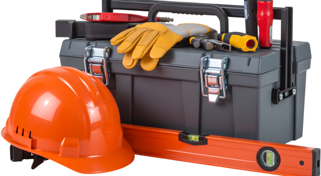 Orange hard hat leather work gloves toolbox with tools and spirit level transparent background
