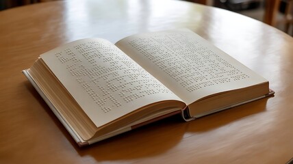 Open braille book on a wooden table for visually impaired individuals