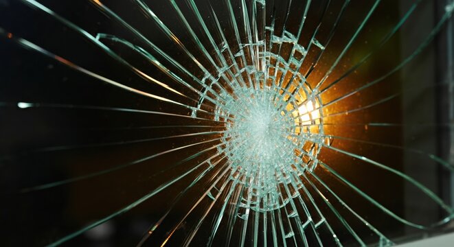 Cracked glass with radiating shards creating a circular pattern and impact effect