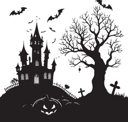 Halloween Party Vector Illustration with Haunted House, Pumpkin, Bats and Spooky Trees