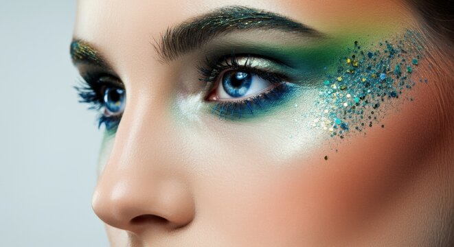 Close-up of a woman's face with colorful artistic makeup and glitter effects on her cheek and eye area