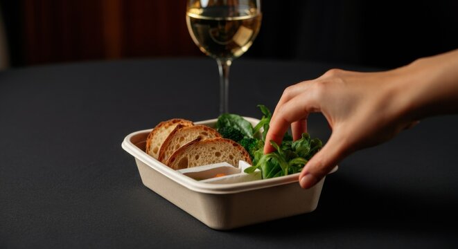 A hand reaches for fresh greens next to sliced bread on a dark table with a glass of white wine in the background - Powered by Adobe