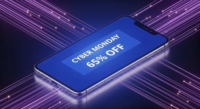 Cyber Monday Sale on Smartphone with 65 Off Discount Displayed on Screen, Surrounded by Digital Light Trails. - Powered by Adobe
