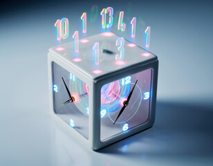 Glowing cube clock displays floating numbers above its surface in a futuristic and technological display of timekeeping, creating a modern aesthetic.