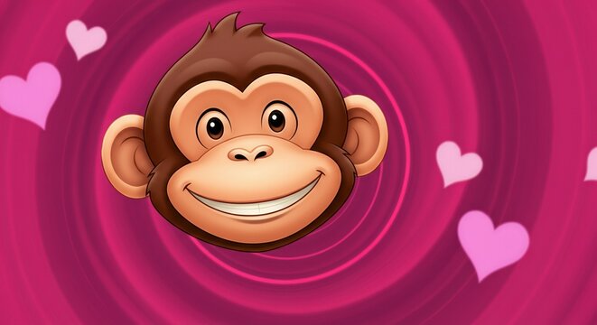 A cartoon monkey face with a big smile on a pink swirling background with floating hearts