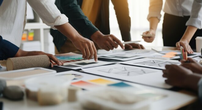 Creative team collaborating over color swatches and design samples in a modern workspace