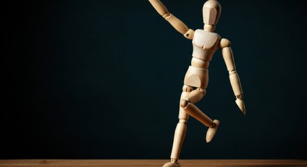 A wooden artist mannequin posed dynamically on a dark background