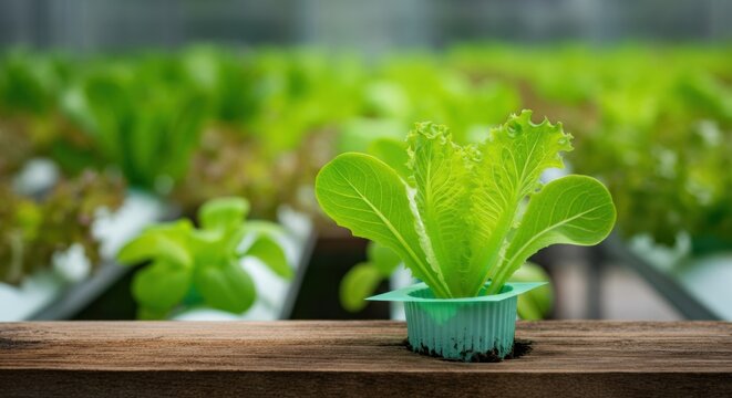Fresh green lettuce growing in a hydroponic system on wooden surface