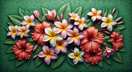 3D floral relief wallpaper of tropical flowers as plumeria and hibiscus in vibrant shades of pink, yellow, and coral against textured background of deep emerald green. 3D Wall Mural. floral landscapes