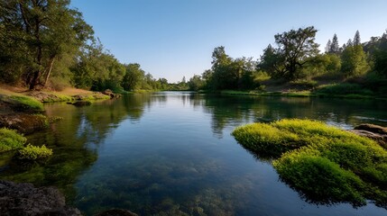 Fototapeta premium A tranquil clear river flows gently through a lush green natural landscape bathed in soft daylight