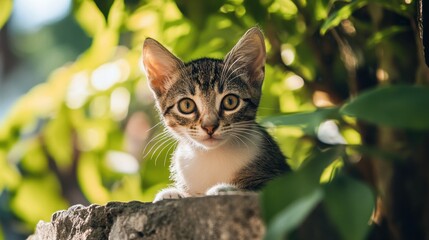 Cute Striped Kitten with Big Eyes Sitting Among Green Leaves