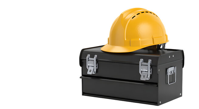 Red Metal Toolbox with Tools and Hard Hat
