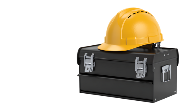 Red Metal Toolbox with Tools and Hard Hat
