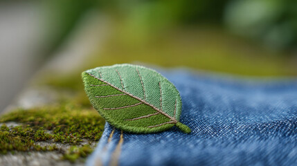 Fototapeta premium Close-up of embroidered green leaf patch on blue denim fabric with mossy surface background in soft natural light