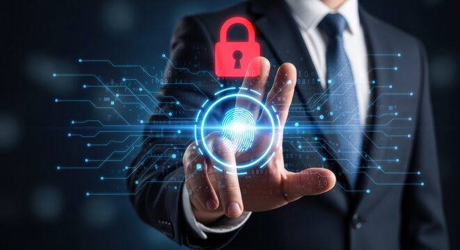 Businessman activates digital fingerprint scan with virtual padlock for futuristic security protection and data privacy