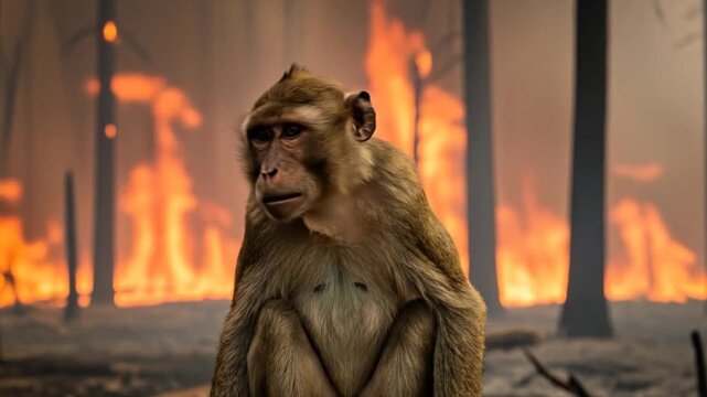 Heartbreaking scene of a monkey amidst devastation from a forest fire disaster