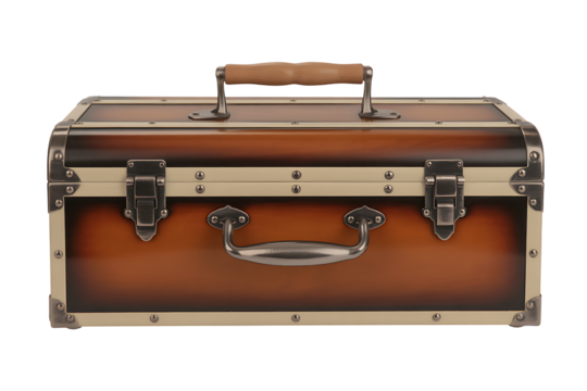 Rusty orange metal toolbox sitting on a white surface with visible wear and tear, showing a vintage design and sturdy construction
