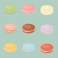 Set of colorful macarons arranged in a simple grid on a soft pastel background, featuring nine individual cookies in different bright flavors with smooth glossy texture and light shadows.