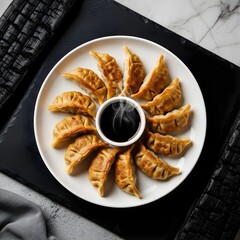 Golden Crispy Japanese Gyoza Dumplings with Soy Sauce – Asian Fried Appetizer Food Concept