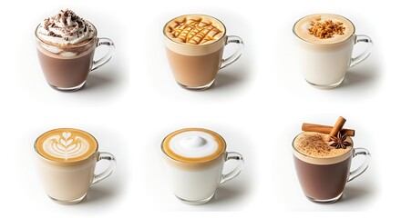Variety of coffee drinks on white background studio shot