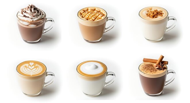 Variety of coffee drinks on white background studio shot