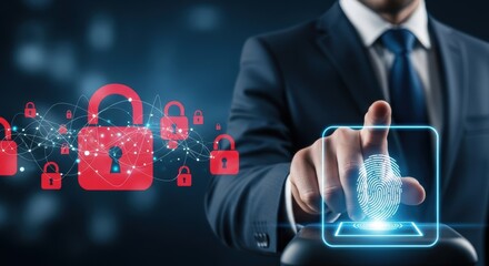 Secure fingerprint access unlocks a system guarded by digital padlocks ensuring data privacy and robust cybersecurity defenses