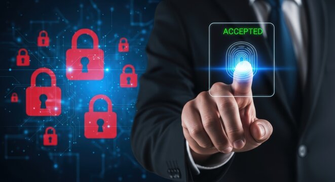Fingerprint authentication accepted for secure network access and digital data protection with multiple lock icons symbolizing data security