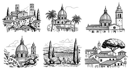 Naklejka premium Italian village and landscape sketch collection