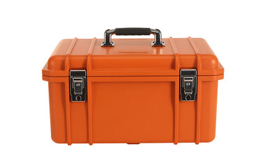Closed orange metal toolbox with handle and clasps, isolated on transparent background, ready for work
