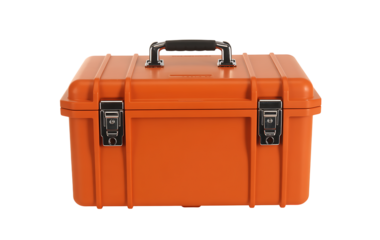 Closed orange metal toolbox with handle and clasps, isolated on transparent background, ready for work

