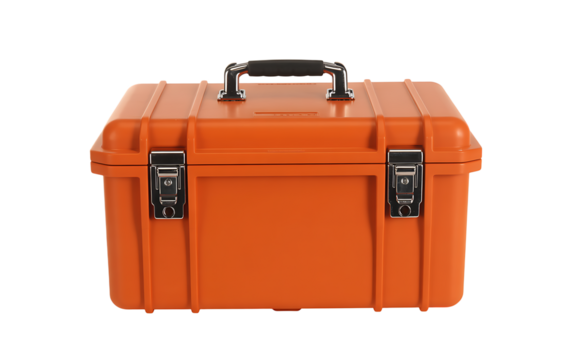Closed orange metal toolbox with handle and clasps, isolated on transparent background, ready for work
