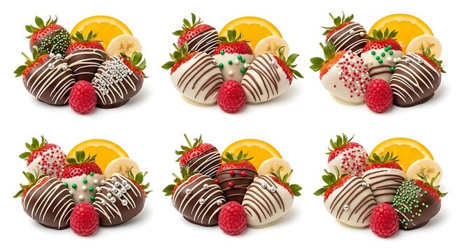 Chocolate covered strawberries with fruit decorations on white