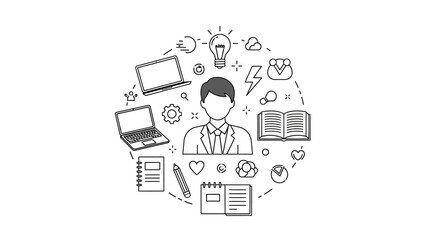 Drawn Businessman Surrounded by Educational Tools Symbolizing Learning and Innovation