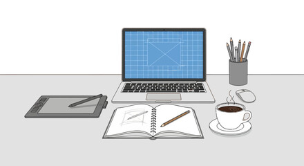 Digital artist workspace featuring a laptop graphic tablet sketchbook and coffee cup