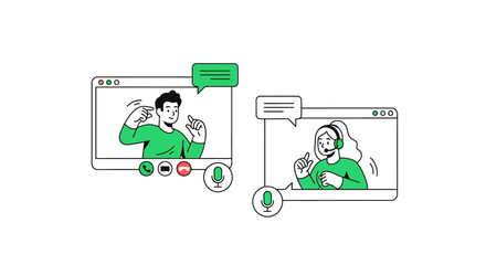 Virtual communication illustration depicting online video conferencing and digital interaction