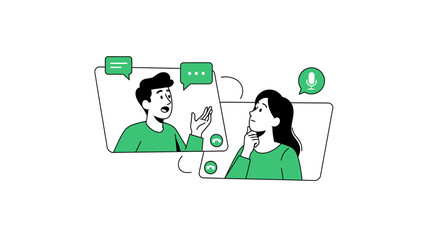 Online communication illustration portraying a man and woman engaging in a virtual conversation