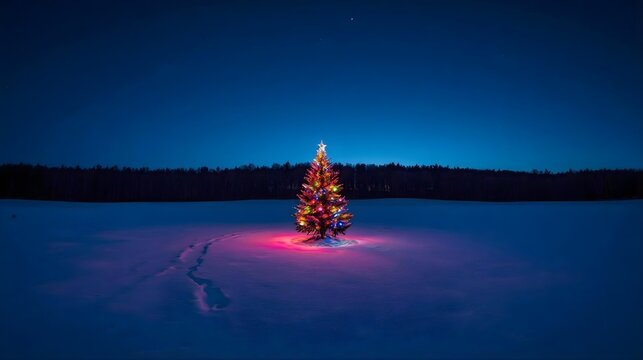 A solitary christmas tree stands illuminated in a snowy field under a dark blue sky, creating a serene and magical winter scene in the quiet of the night - Powered by Adobe