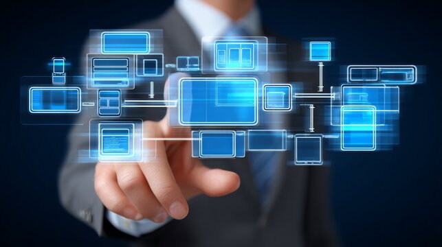A business professional in a suit interacts with a digital interface full of blue, transparent boxes. This scene reflects a contemporary work environment focused on technology and efficiency