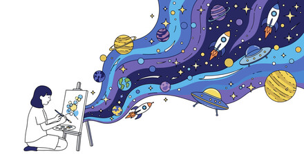 The artist paints a cosmos of planets, rockets, and stars, revealing a universe born from her